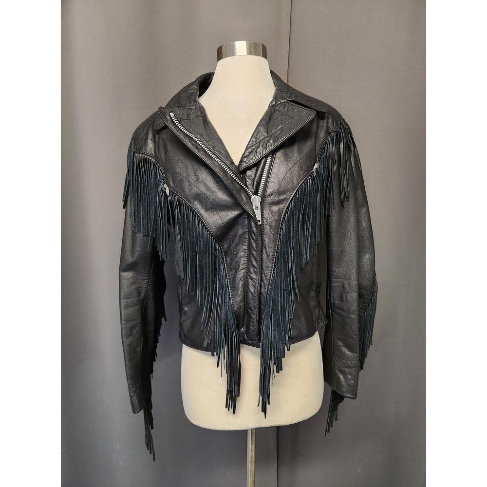 Vintage 90s Berman's Leather Jacket Black Fringe Western Concho Biker Size 8‎
